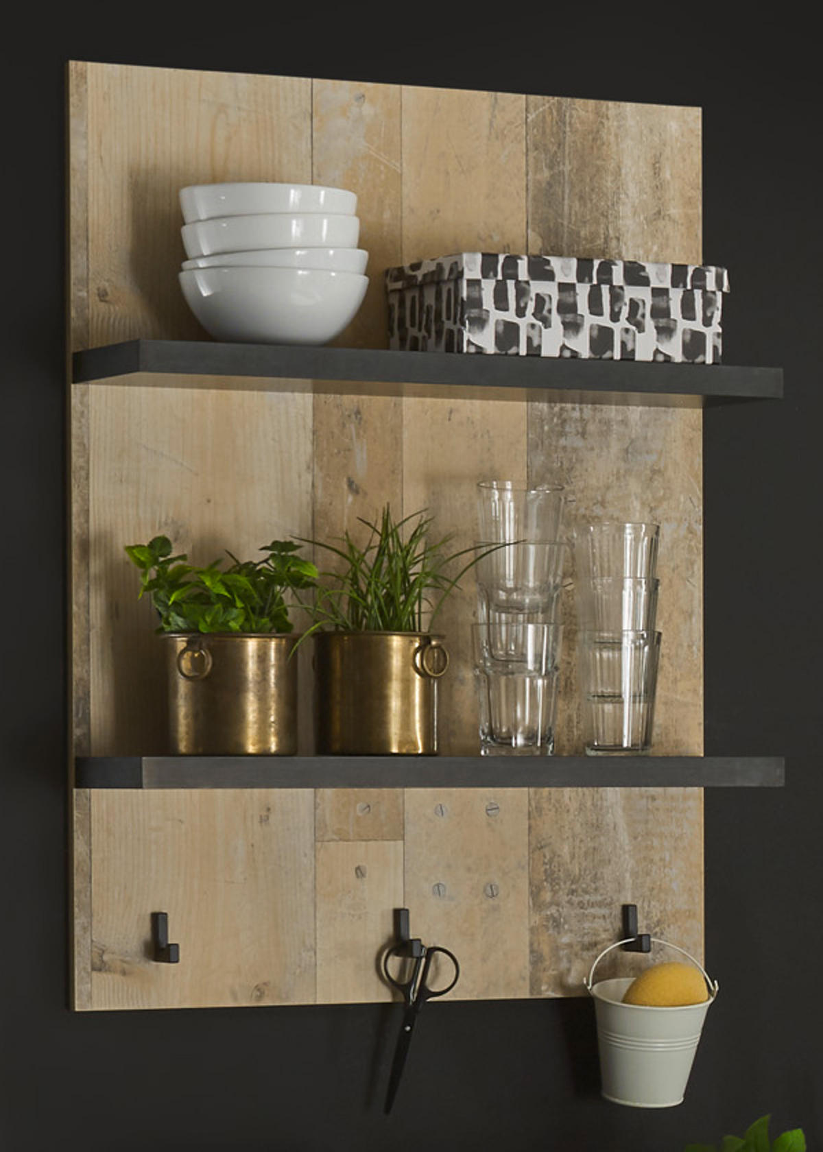KÜCHENREGAL Used Wood Vintage 60 cm, Gewürzregal mit Ablagen und Haken - Anthrazit/Naturfarben, Holzwerkstoff (60/84/21cm) - Furn.Design