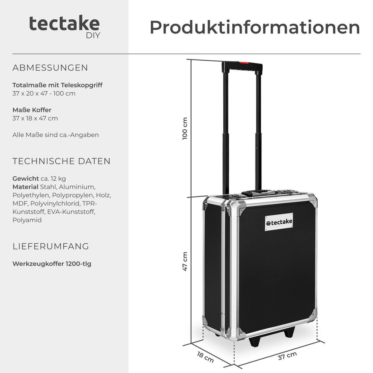 WERKZEUGKOFFER ,mit Klappgriff und Teleskopgriff,schwarz - Schwarz, Metall (20/100/37cm) - tectake