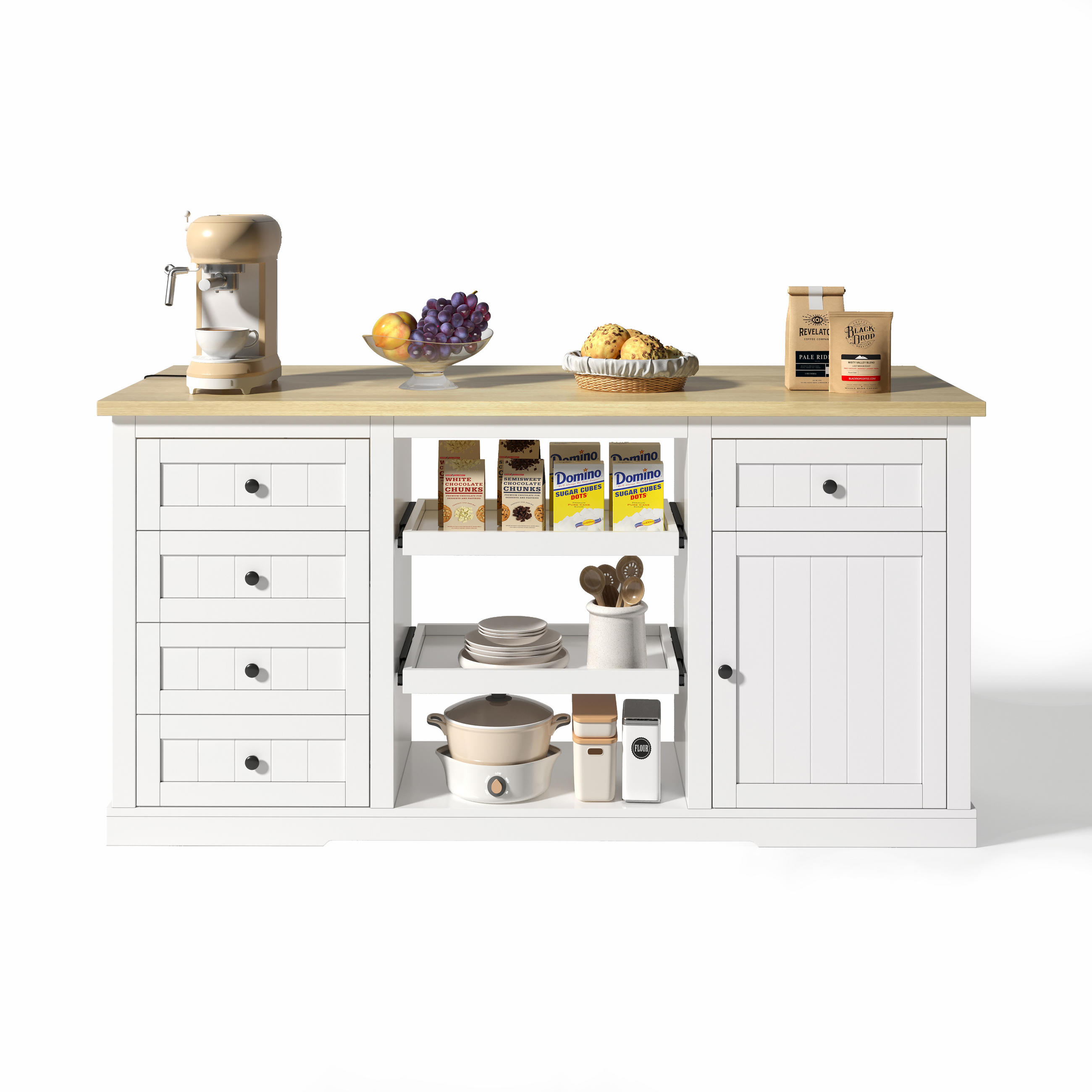 SIDEBOARD mit 5 Schubladen, 2 Ausziehböden und klappbarer Erweiterungsplatte, integrierte Steckdosen, 150/65/75 cm, Weiß und Natur - Weiß, Holzwerkstoff (150/75/65cm) - Redom