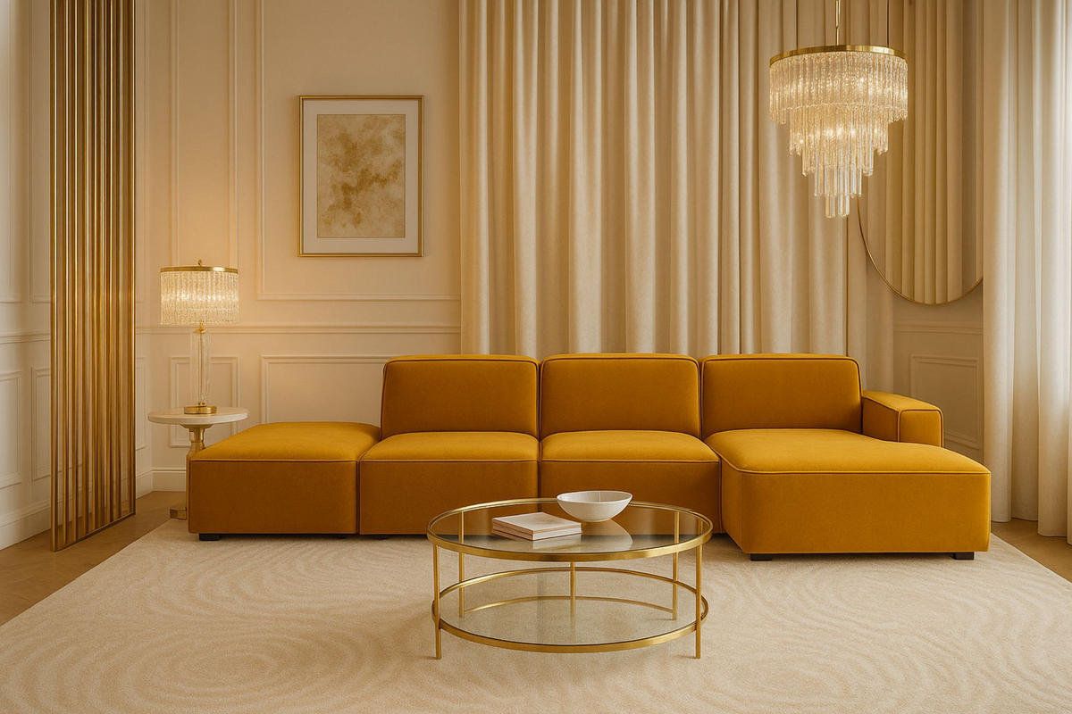 ECKSOFA Cursal L-Form, Stoff Salvador, Gelb + Hocker, Rechts - Gelb, Holz (341/166cm) - Kaiser Möbel