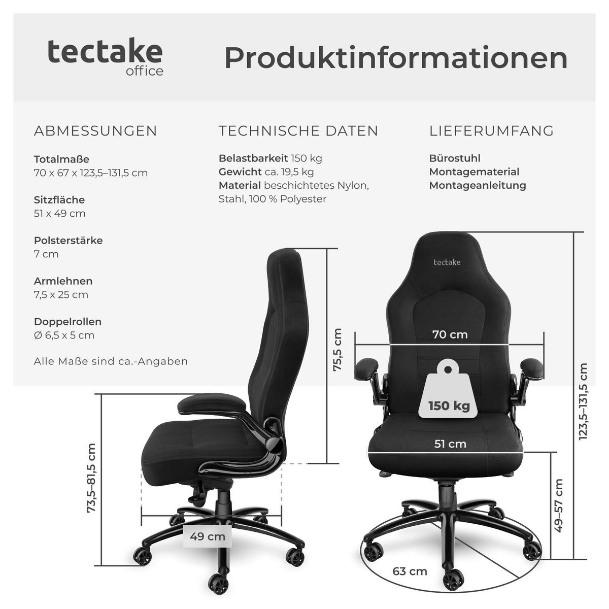 BÜROSTUHL Springsteen, ergonomisch, mit Armlehnen, Wippfunktion, schwarz - Schwarz, Kunststoff (70/131.5/67cm) - tectake
