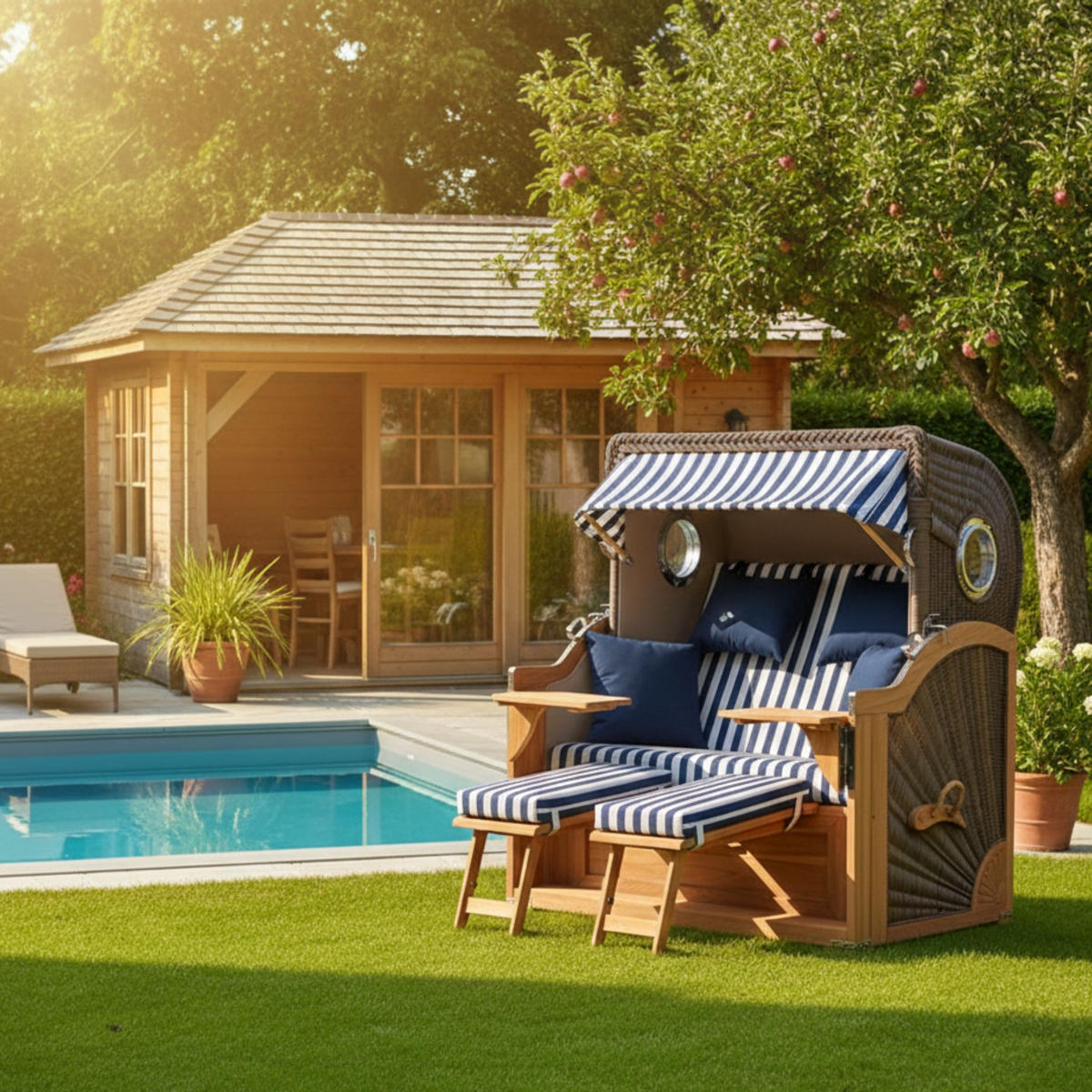 STRANDKORB Baltikum Teak 2,5 Sitzer - Blau/Braun, Holz/Metall (142/170/95cm) - Mr. Deko