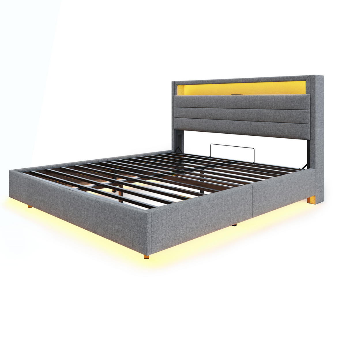 POLSTERBETT 160/200 cm Grau mit Stauraum, LED-Beleuchtung und USB-Anschluss - Grau, Textil (160/200cm) - Flora Grace