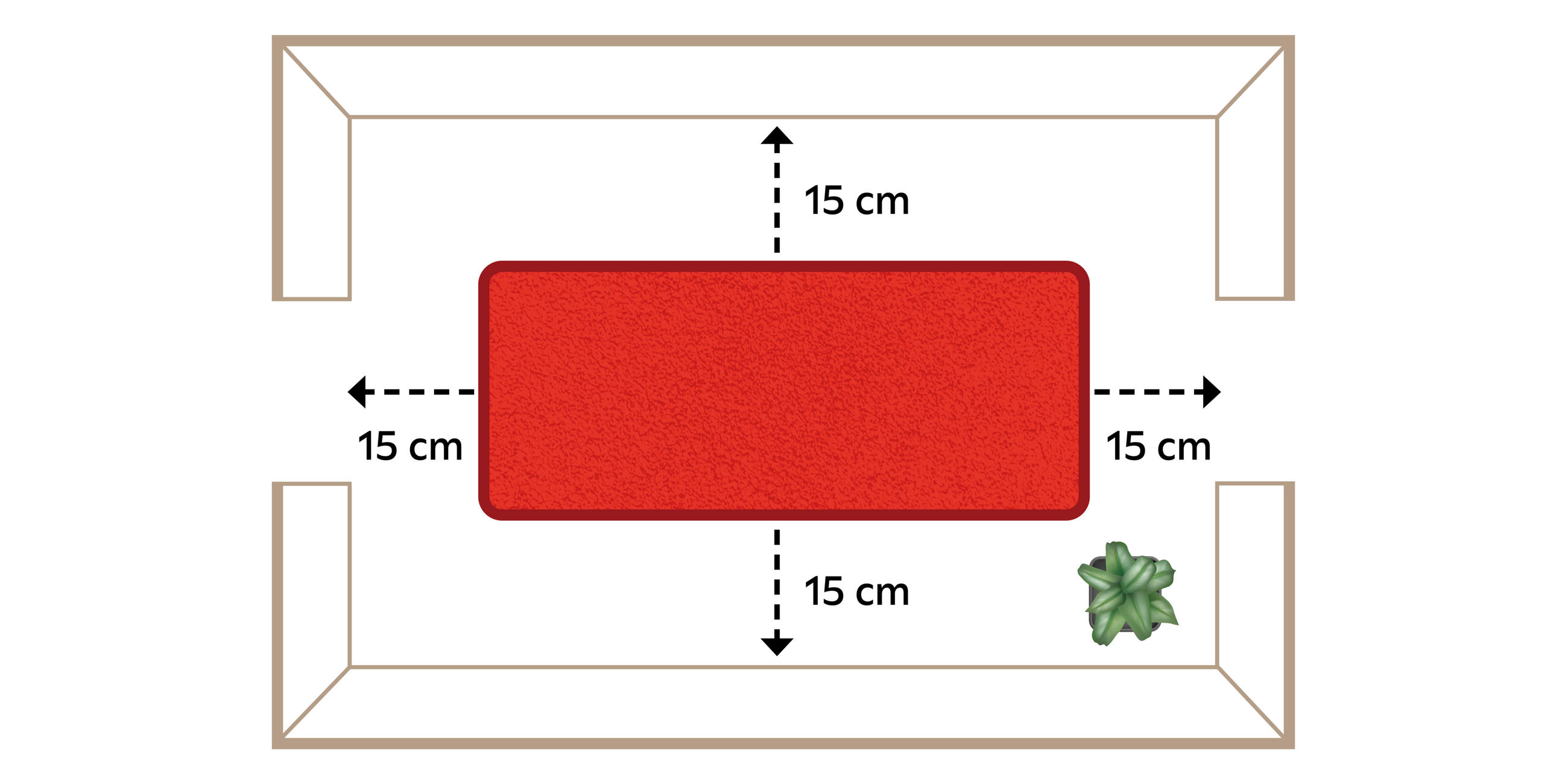 Raumskizze für einen Teppichgrößen-Guide: Im Flur sind 15 cm Abstand zur Wand empfehlenswert.
