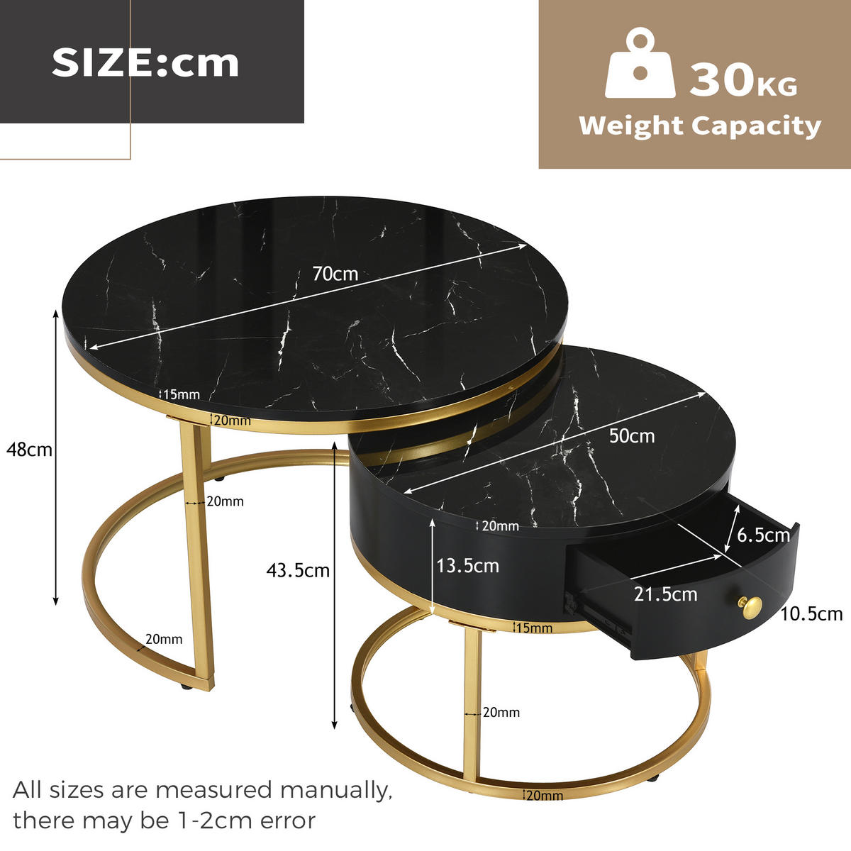 COUCHTISCH-SET 70/70/48 cm Schwarz aus Holzwerkstoff mit Hochglanz-Marmormuster im Nesting-Design - Schwarz, Holzwerkstoff (70/70/48cm) - OKWISH