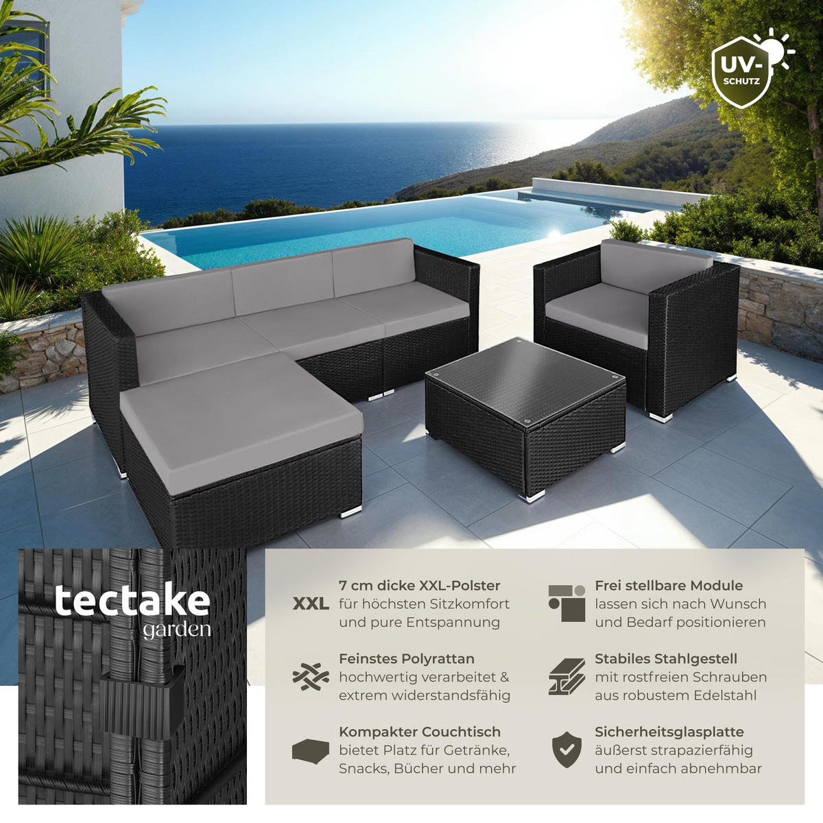 RATTANLOUNGE Milano,mit Sicherheitsglasplatte,schwarz/grau - Schwarz/Grau, Kunststoff - tectake