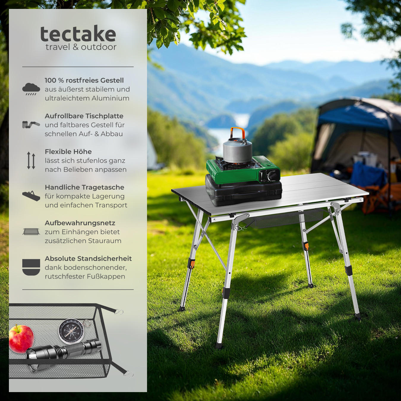 CAMPINGTISCH Tina,90 x 52 x 47 - 70 cm,silber - Silberfarben, Metall (90/52/70cm) - tectake
