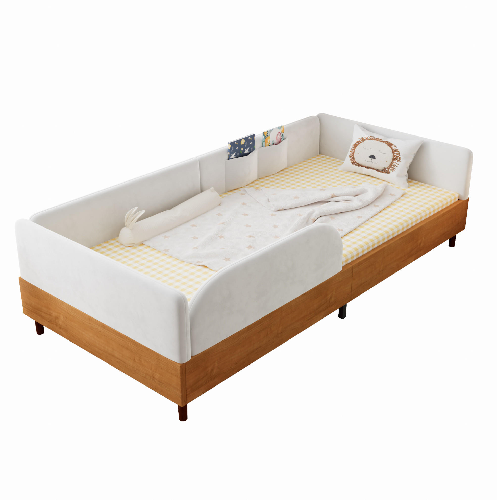 Modfu DĚTSKÁ čalouněná postel ze sametu 90x200 cm bílá/přírodní se 2 kapsami a ochranným okrajem