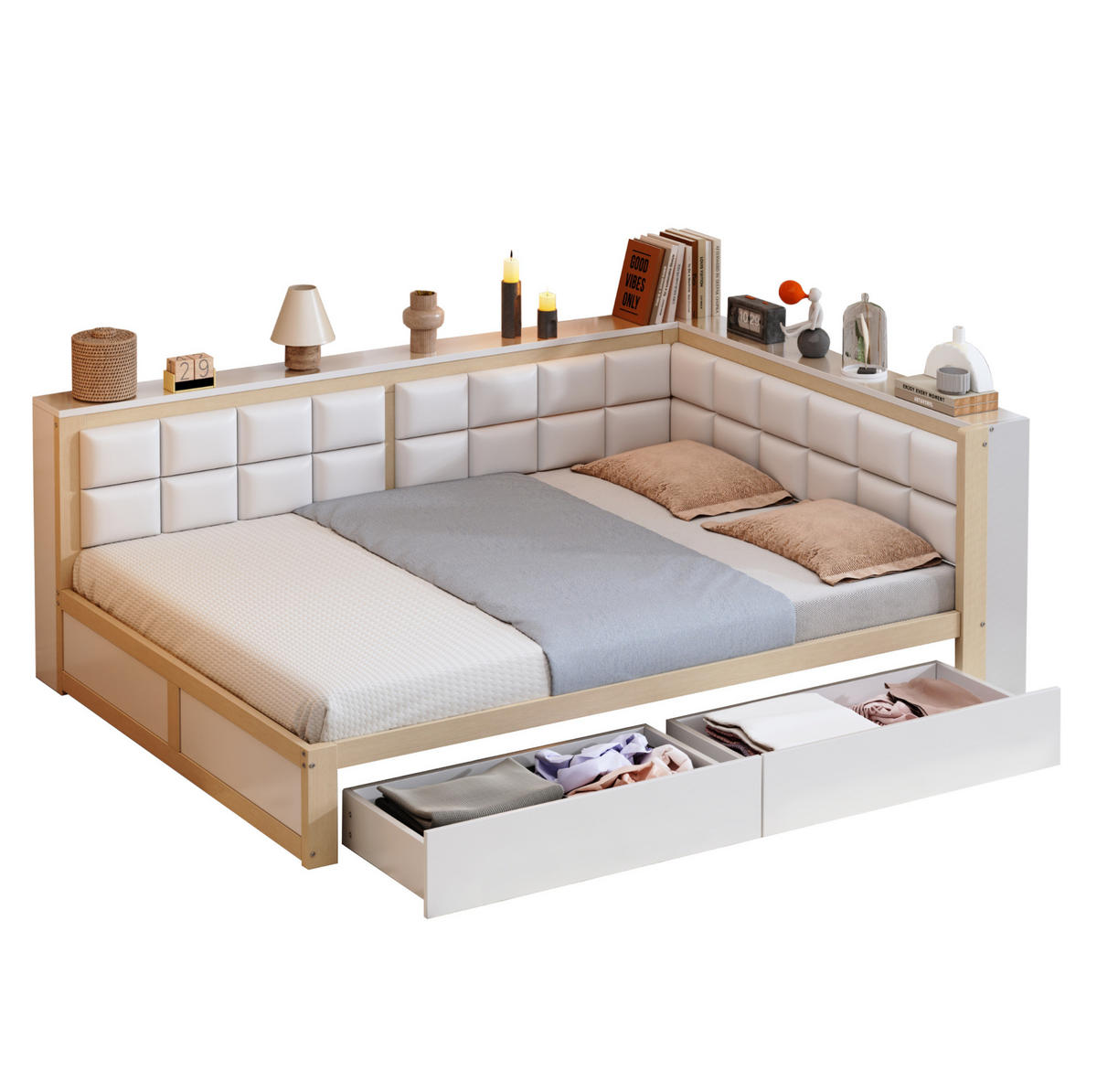 BETT aus Kiefernholz 140x200 cm Holzfarbe mit 2 Schubladen, weicher Rückenlehne und Ablageflächen - Weiß, Holzwerkstoff (140/200cm) - Modfu