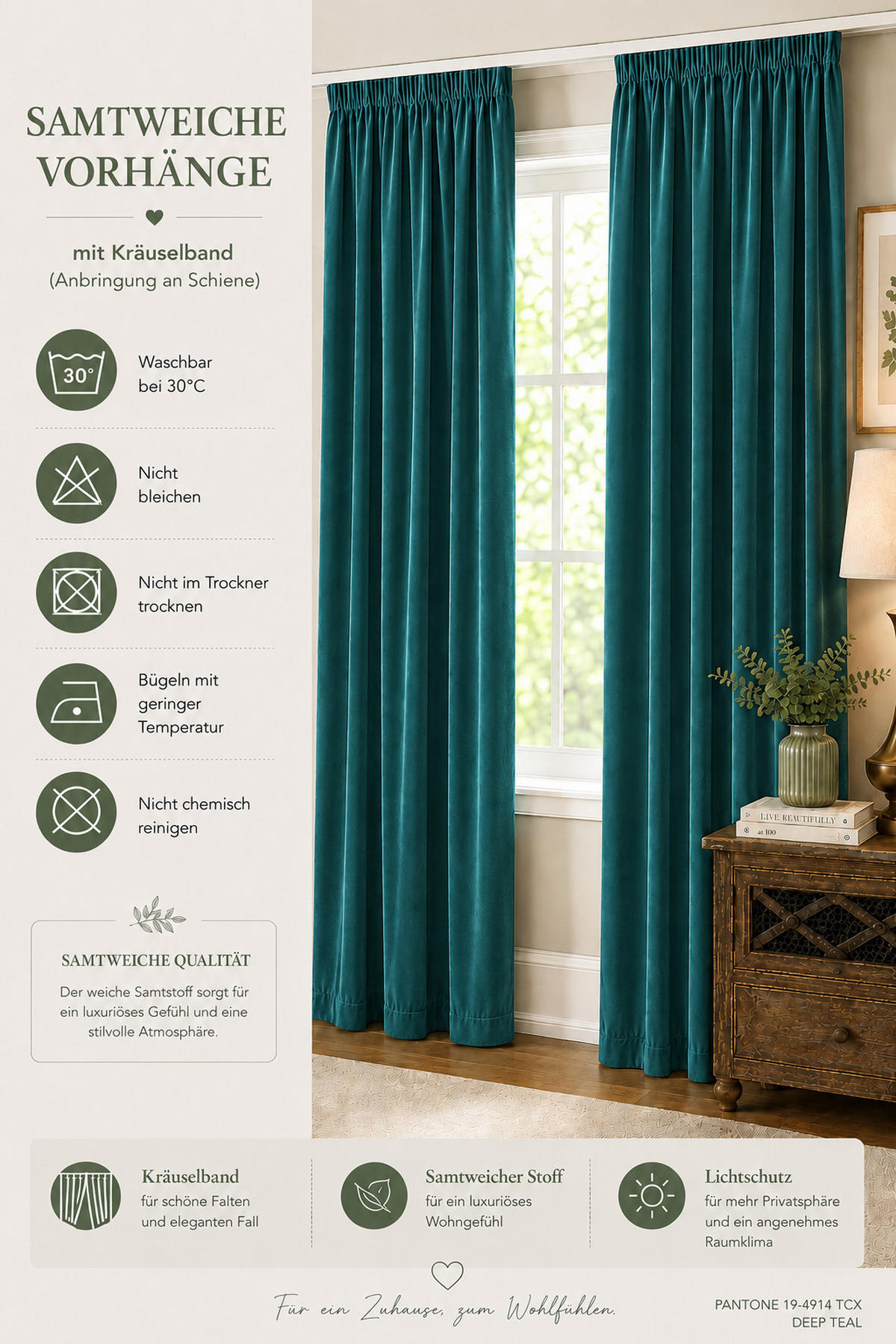 VORHANG Kräuselband Samt 140/175 cm Petrol - Petrol, Textil (140/175/175cm) - TiborTex