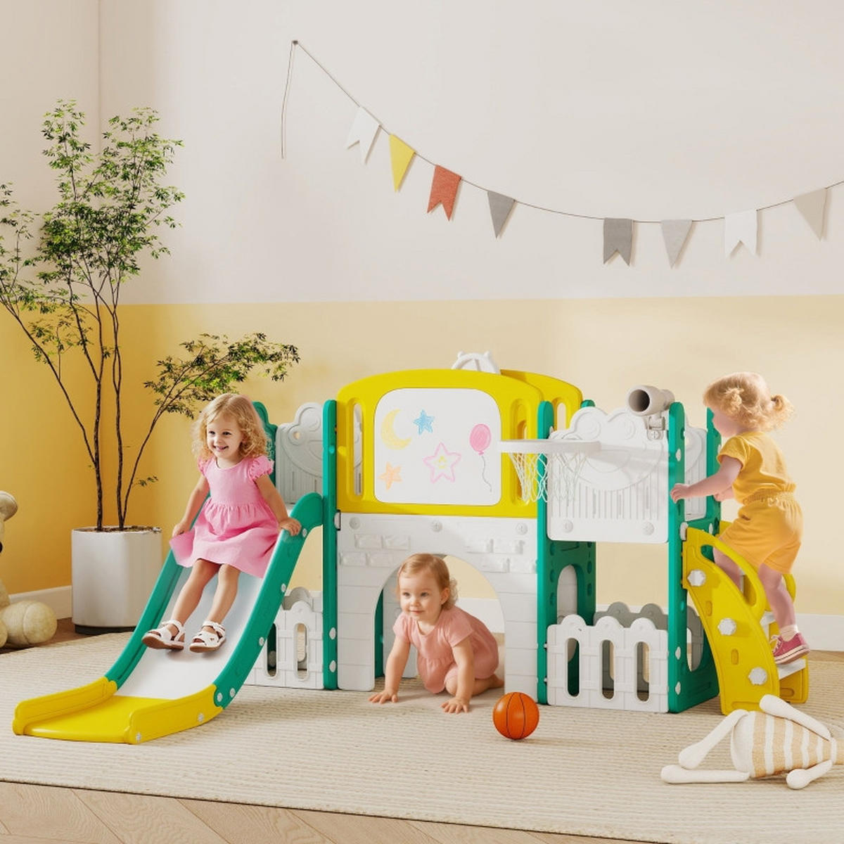 KINDERRUTSCHE 7-in-1 mit Schaukel und Basketballkorb Gelb/Grün - Gelb, Kunststoff (150/94/176cm) - Korfee