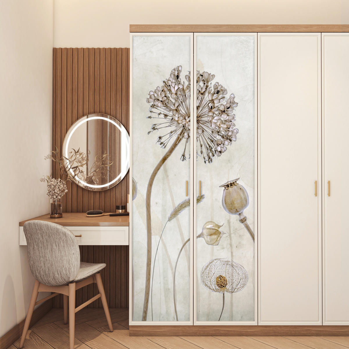 NÁLEPKA NA DVERE Kvety - Akvarel - Zátišie - Hnedá - Vintage 80x215 cm - écru, plast (80/0.1cm) - MuchoWow