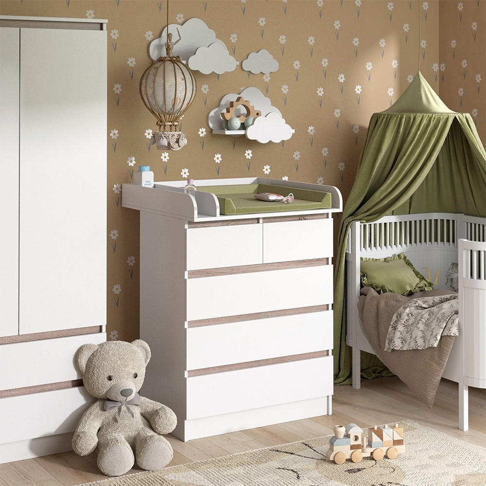 WICKELKOMMODE Emma Weiß/Sonoma 80 x 110.2 cm mit 5 Schubladen - Hellbraun/Weiß, Holzwerkstoff (80/110.2/76cm) - Vicco