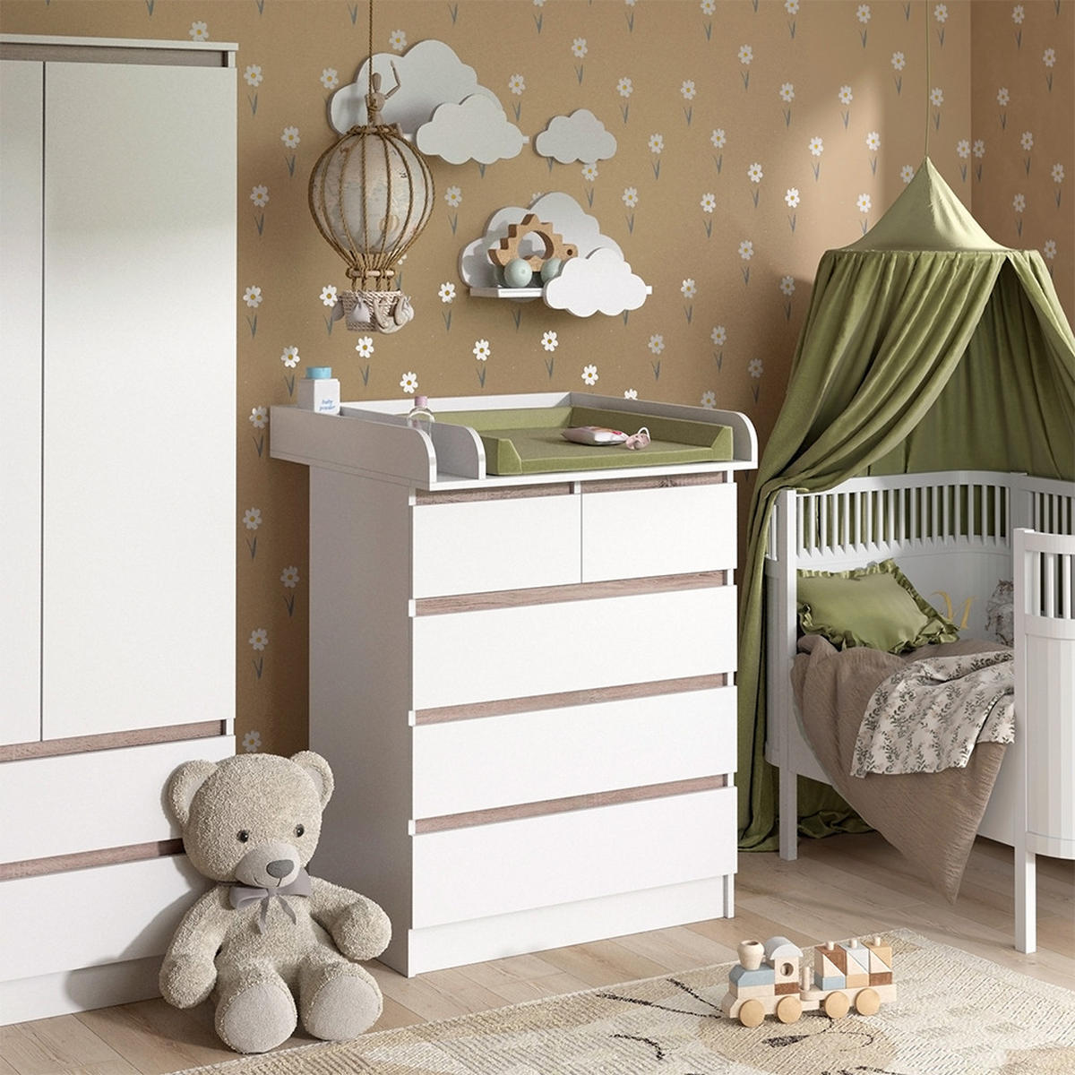 WICKELKOMMODE Emma Weiß/Sonoma 80 x 110.2 cm mit 5 Schubladen - Weiß, Holzwerkstoff (80/110.2/76cm) - Vicco