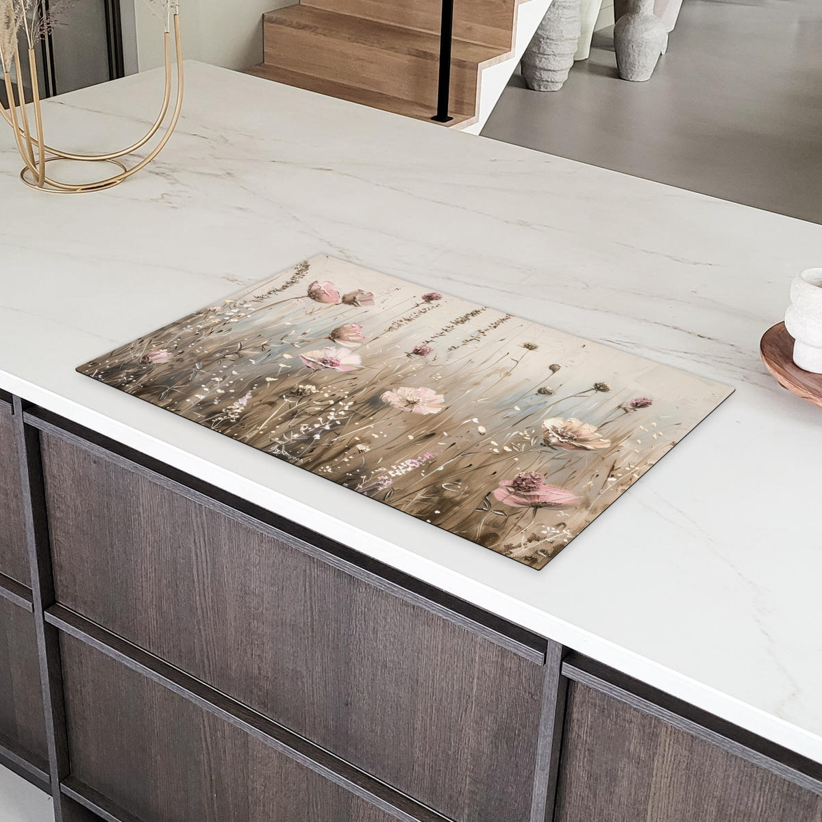 HERDABDECKPLATTE Blumen - Beige - Trockenblumen 85x52 cm - Beige, Kunststoff (85/0.2/52cm) - MuchoWow
