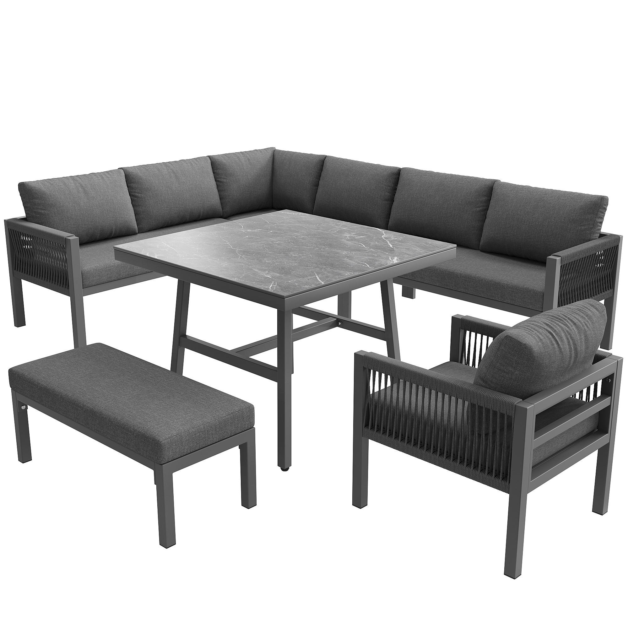 GARTENLOUNGE-SET Grau 6-teilig für 8 Personen mit Marmorglasplatte - Grau, Metall - PANGIVO