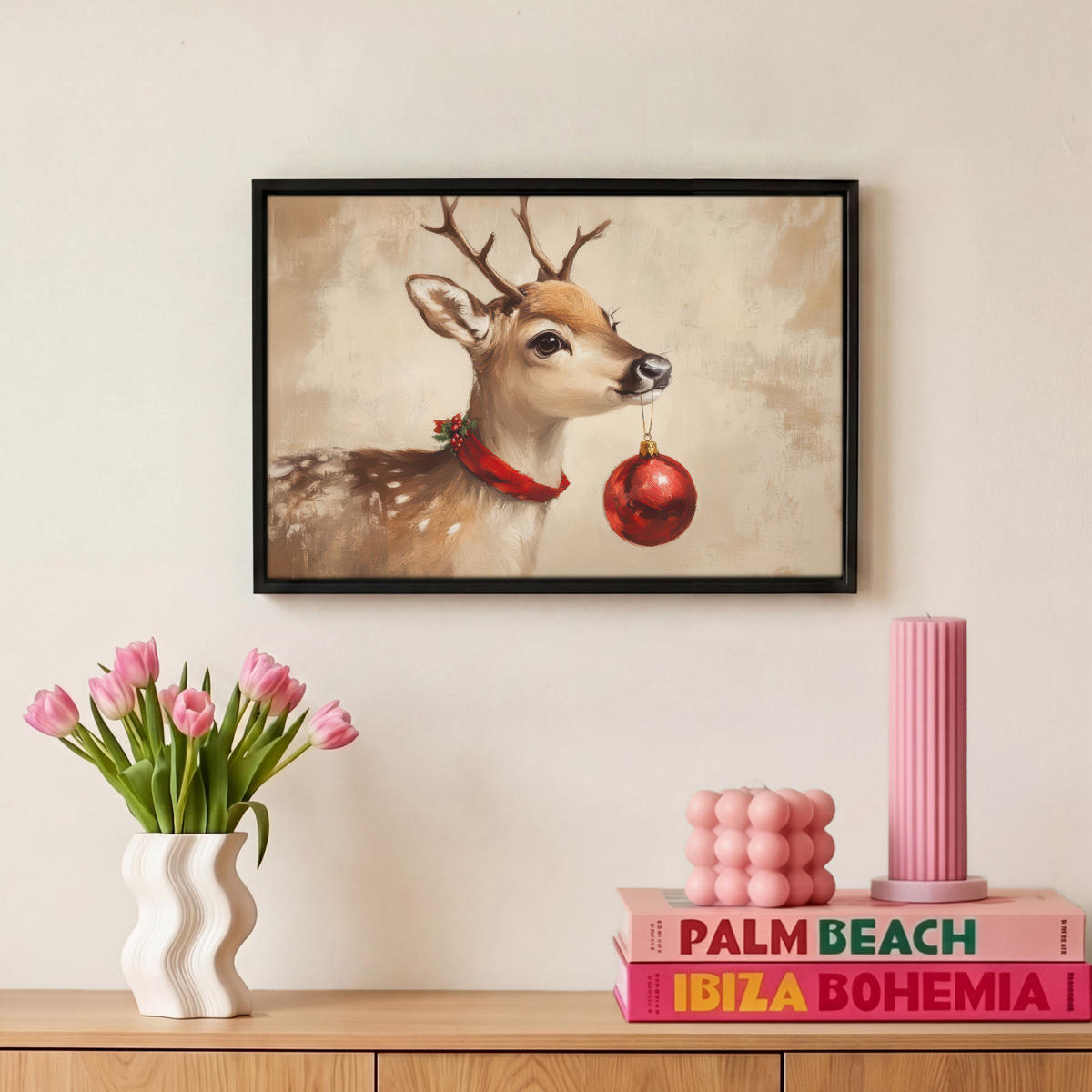 LEINWAND Bilder mit Rahmen - Weihnachten - Hirsch - Geweih - Weihnachtskugel - Rentier - 30x20 - Hellbraun, Textil (30/20cm) - MuchoWow