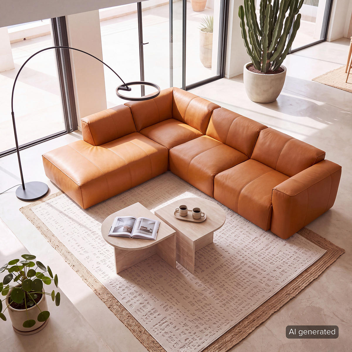 3-SITZER ECKSOFA mit Recamiere - Cognac/Schwarz, Leder/Kunststoff (295/231cm) - home24