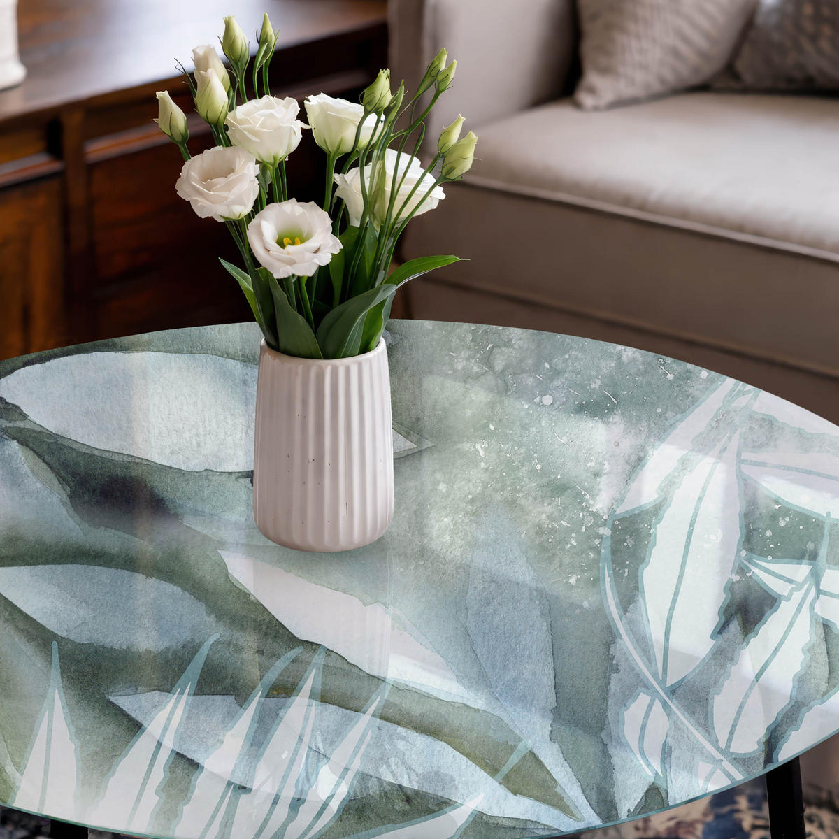 TISCHPLATTE fi80 cm – Grüne Blätter - Weiß, Glas (0.4/80/80cm) - Wallfluent