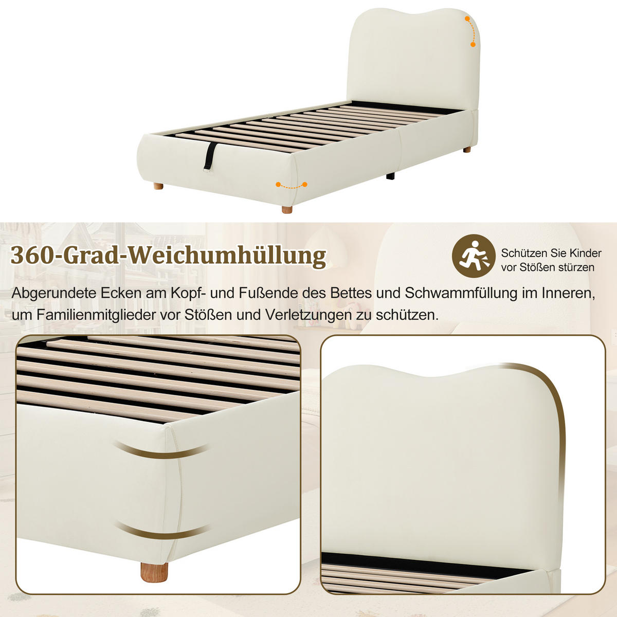 POLSTERBETT 90x200cm, Einzelbett, hydraulisch, Lattenrost, Kopfteil, Stauraum, Samt, Beige - Beige, Textil (90/200cm)