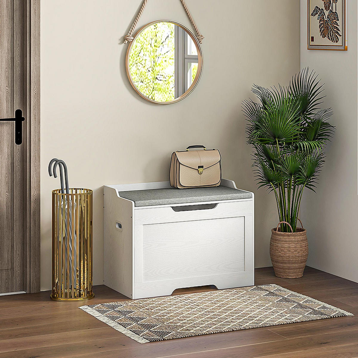 103 Liter Aufbewahrungstruhe mit Deckel, Sitzfläche, Sitztruhe mit Stauraum - Weiß/Grau, Kunststoff/Textil (40/56/75cm) - HOMCOM