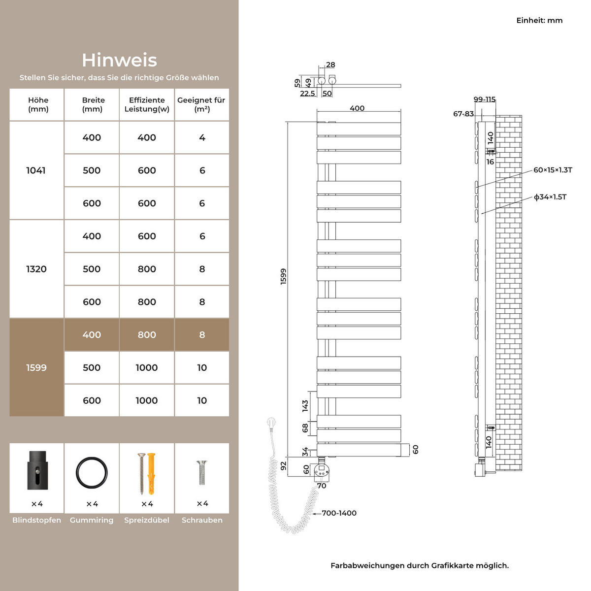 HANDTUCHHEIZKÖRPER 159,9/40 cm anthrazit elektrisch 800 W mit WLAN-Thermostat - Anthrazit, Metall (40/160/5.9cm) - S'AFIELINA