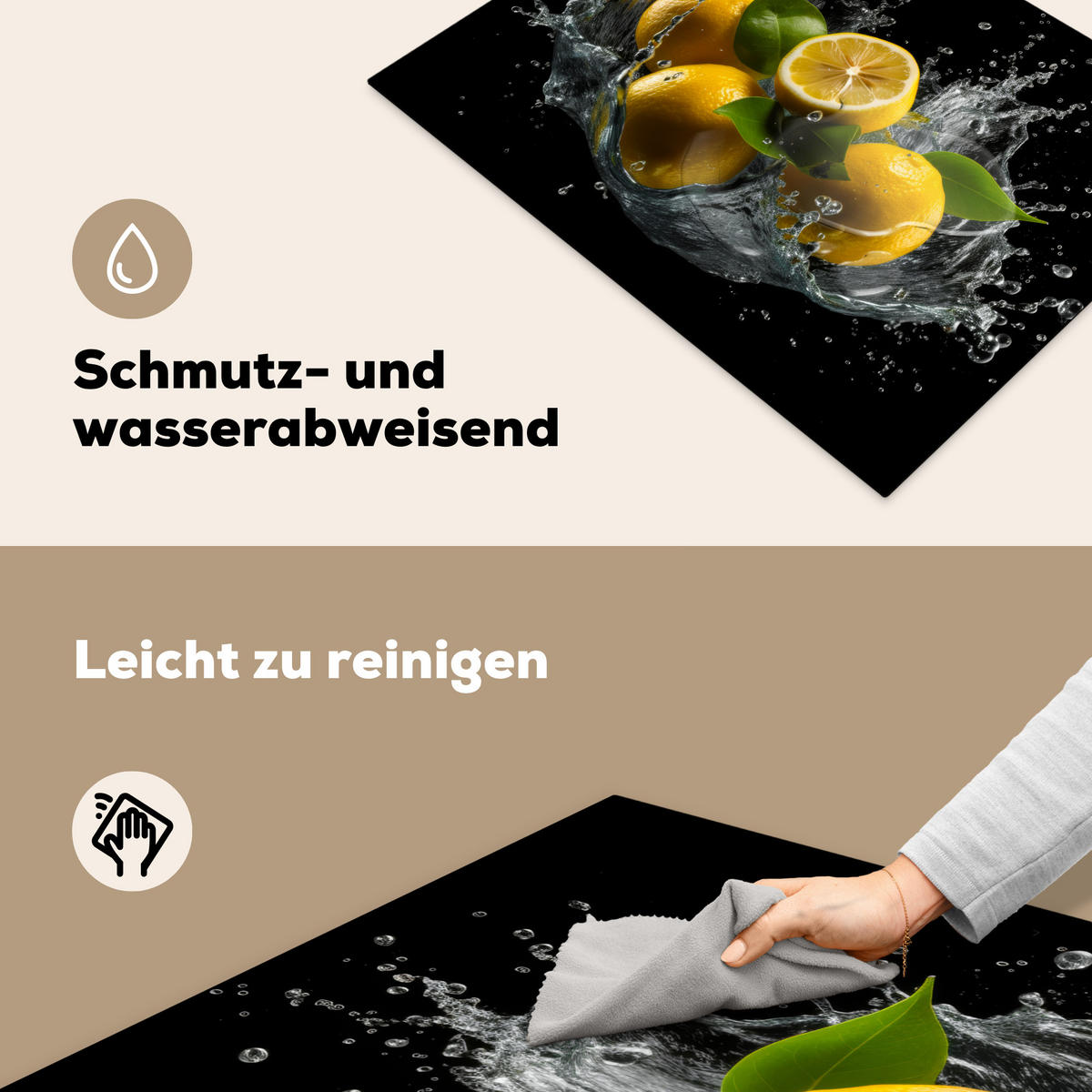 HERDABDECKPLATTE Zitrone - Obst - Gelb - Schwarz Herdabdeckung Induktionsfeld 70x52 cm - Gelb, Kunststoff (70/52/0.2cm) - MuchoWow