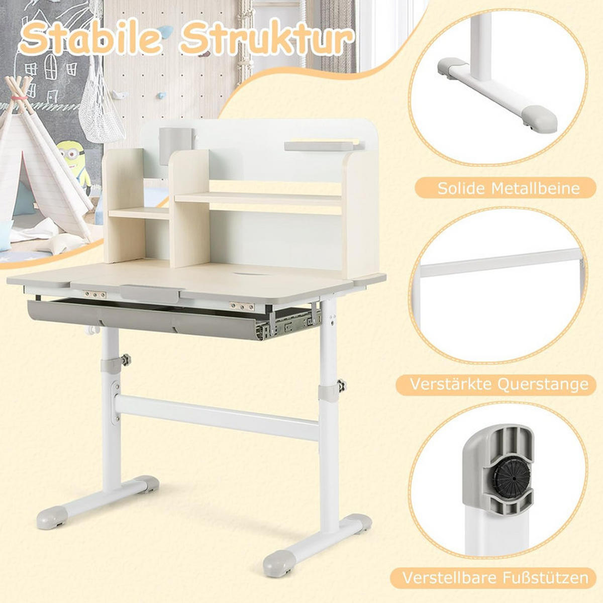KINDERSCHREIBTISCH Höhenverstellbarer grau - Grau, Metall (80/88/51cm) - COSTWAY