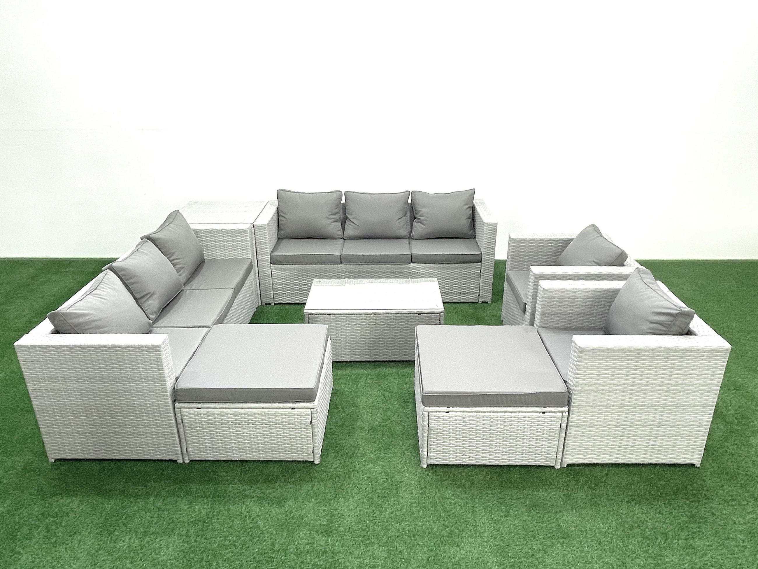 GARTENGARNITUR mit 3-SITZER SOFA,COUCHTISCH Polyrattan Hellgrau-Mix 10-Sitzer - Hellgrau/Grau, Glas/Kunststoff - Fimous