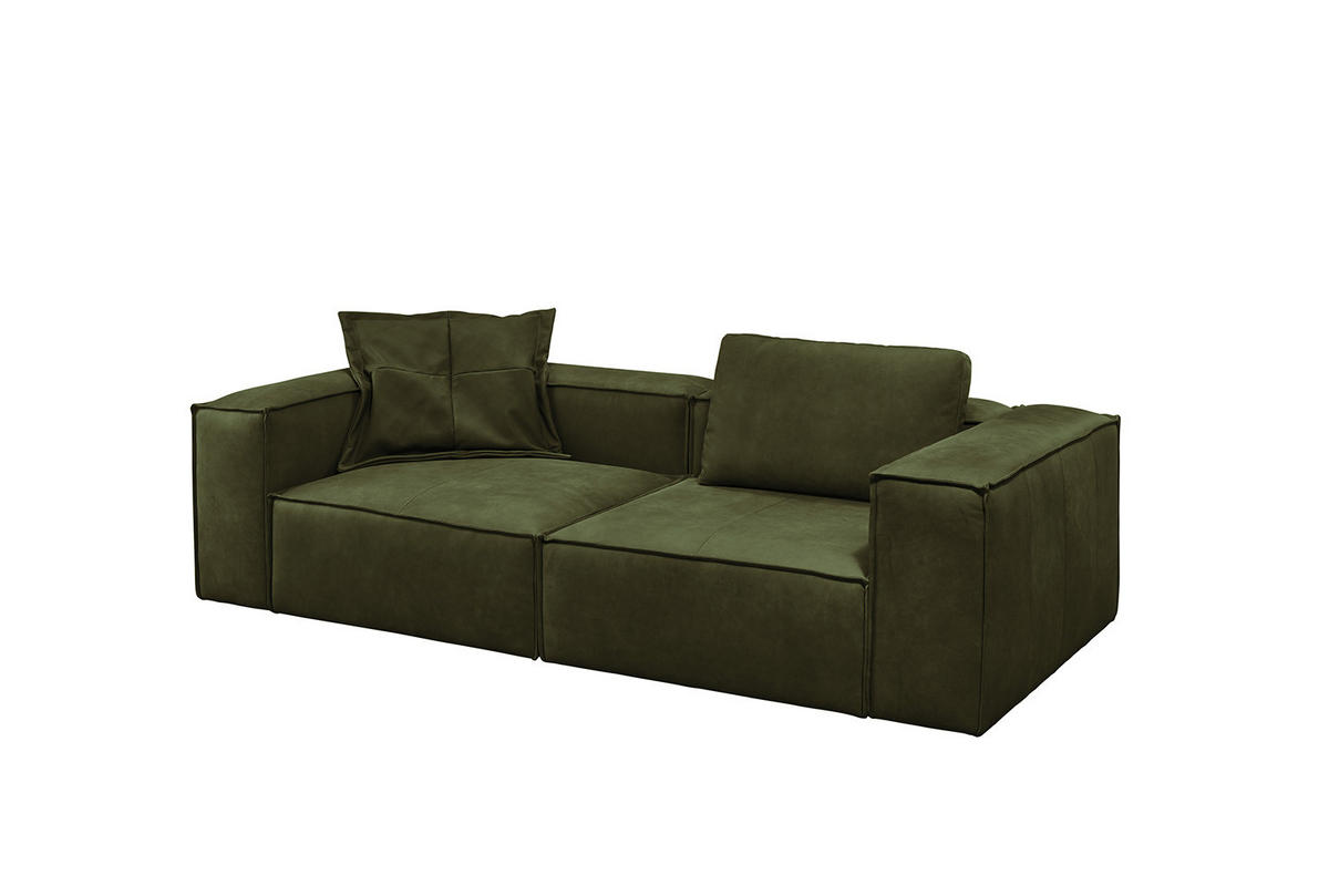 SOFA CARMO Grün Leder - Schwarz/Olivgrün, Leder/Kunststoff (266/68/118cm) - KAWOLA