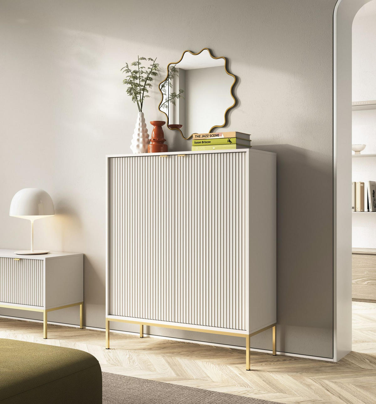 VELLORE Highboard - zlatá/écru, kov/kompozitné drevo (104/125/39cm) - Selsey