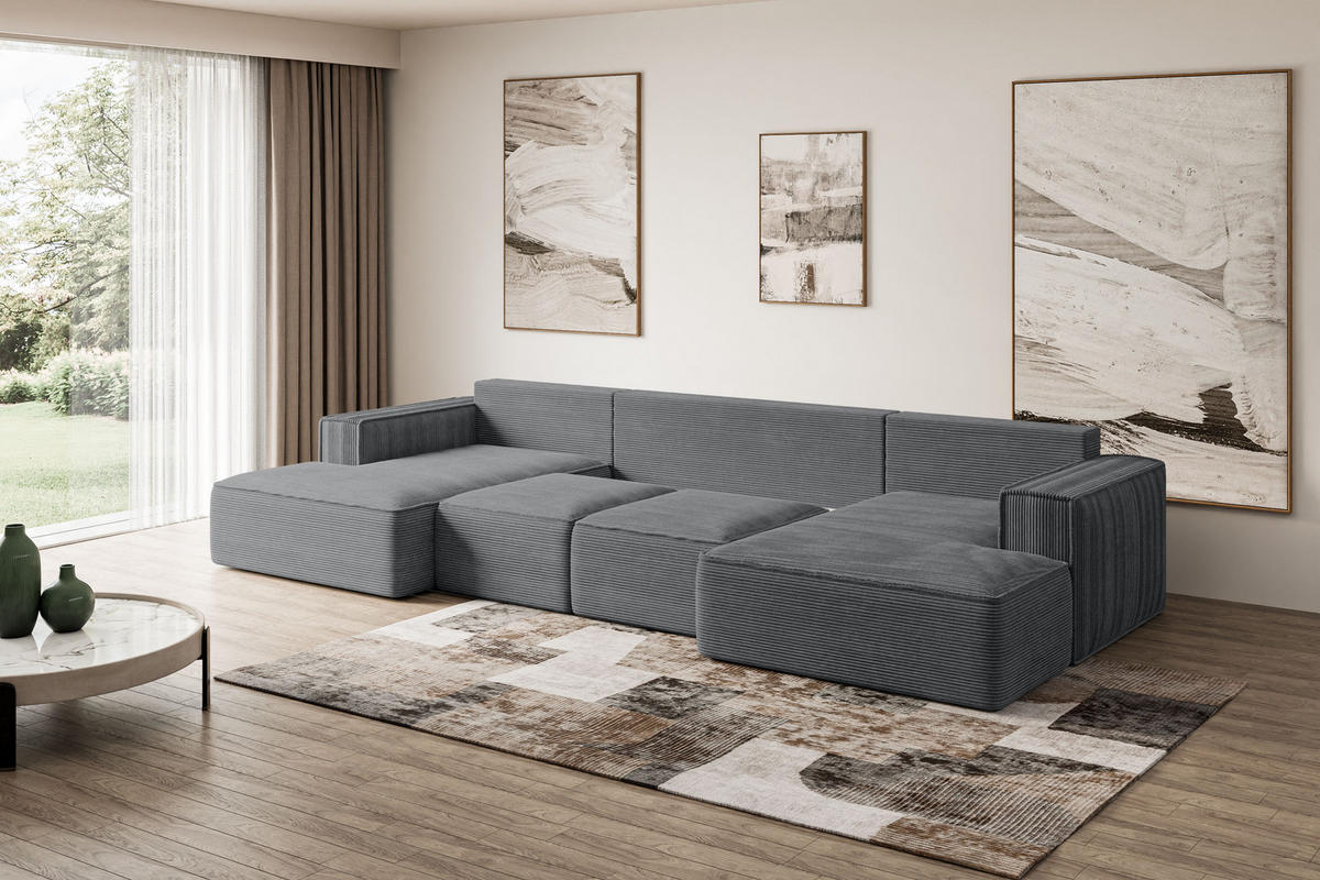 WOHNLANDSCHAFT mit Schlaffunktion und Bettkasten SIERRA-U-S - 349x161x87 cm Duneklgrau Cord - Dunkelgrau/Schwarz, Holzwerkstoff/Kunststoff (349/87/161cm) - ALTDECOR