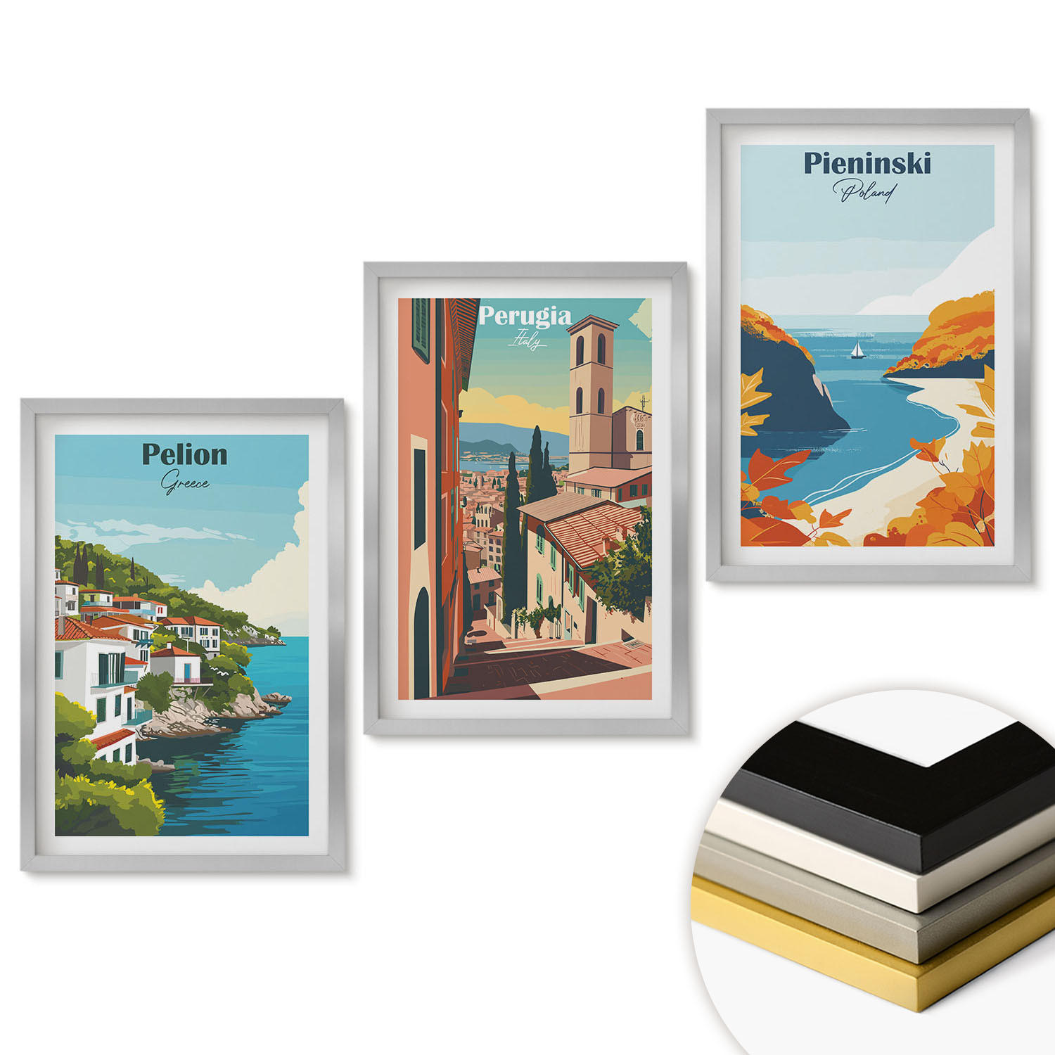 WANDBILDER 3er Set - 40x60 cm Silberner Rahmen - Malerische Retro-Landschaften - Silberfarben, Kunststoff (40/60cm) - ArtPrintCave
