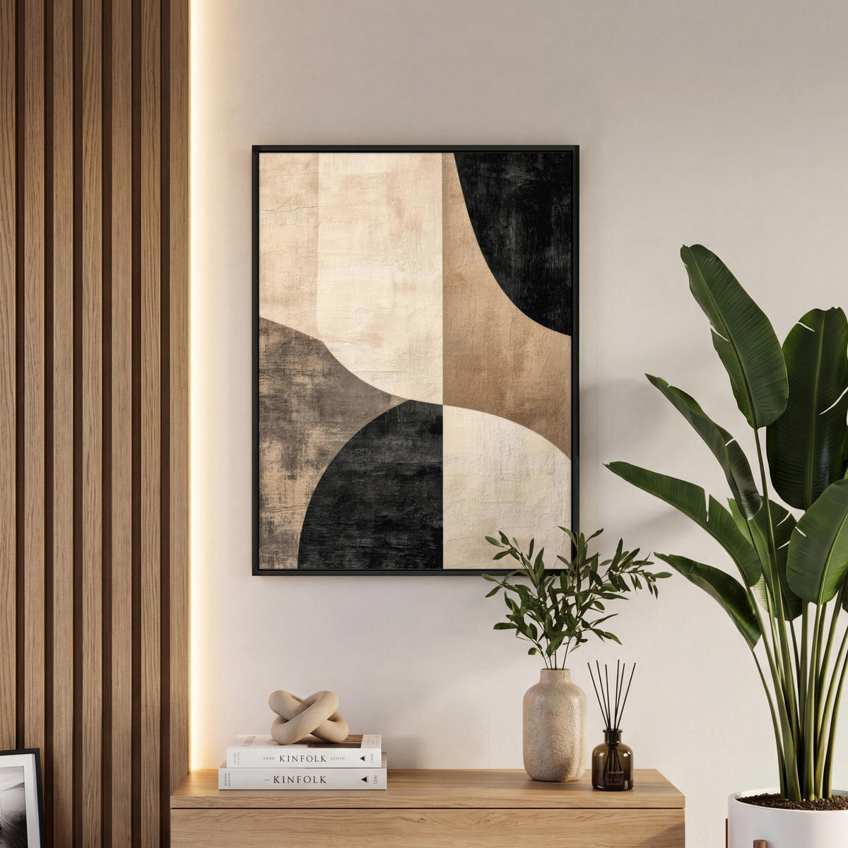 LEINWAND Bilder mit Rahmen - Abstrakt - Flugzeuge - Schwarz - Rund - 60x80 - Beige, Textil (60/80cm) - MuchoWow