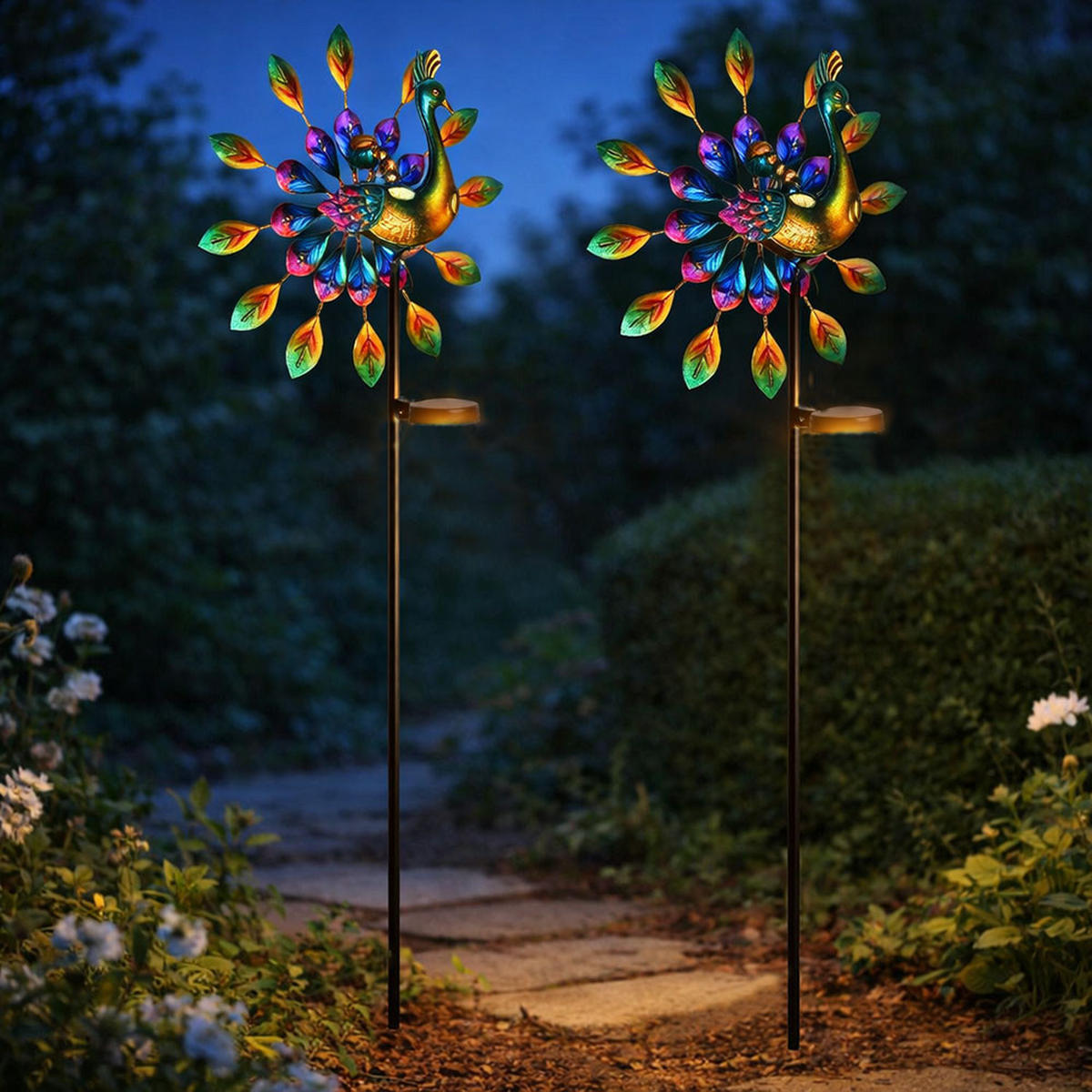 SOLARLEUCHTE LED, bunt, Pfau-Design, Erdspitz, 2er Set - Multicolor, Metall (38/25/120cm) - Globo Lighting