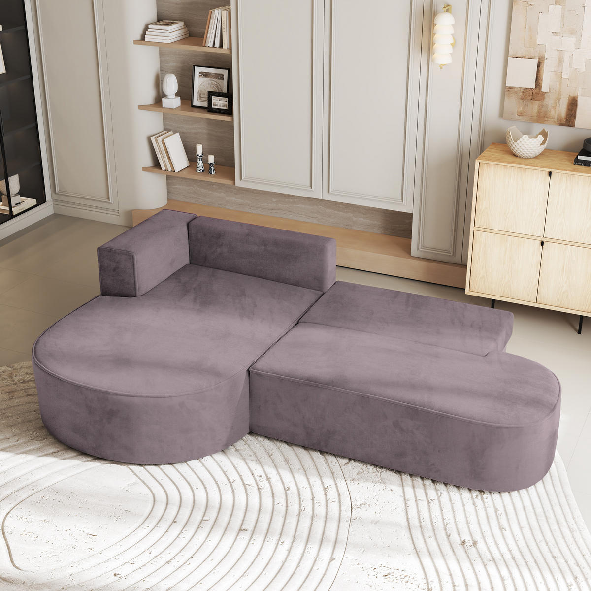ECKSOFA CORTIO M L-S Lila Velours-Stoff mit Schlaffunktion - Lila, Holz (265/174cm) - MASSENO