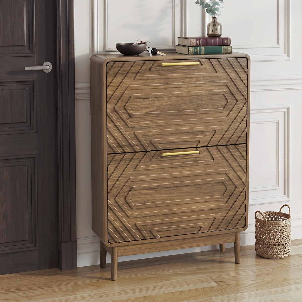 SCHUHSCHRANK Walnuss Mid-Century 60cm mit 2 Klappfächern & Regal - Walnussfarben, Holzwerkstoff (60/95/24cm) - Urban Meuble