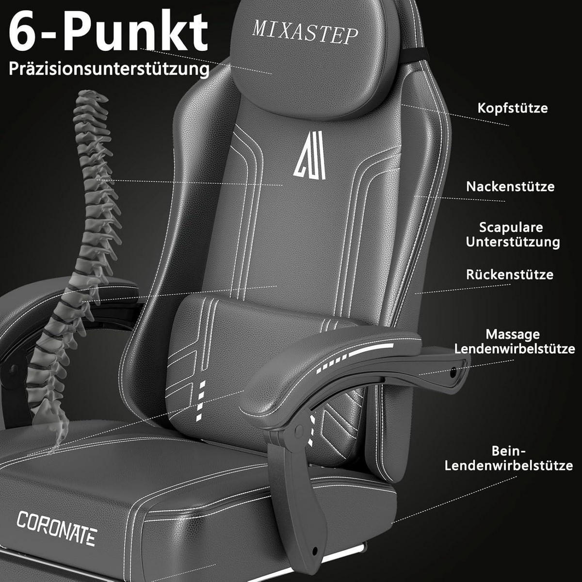 GAMING Stuhl Ergonomisch mit Verstellbarer Rückenlehne Weiß - Schwarz, Kunststoff (50/128/52cm)