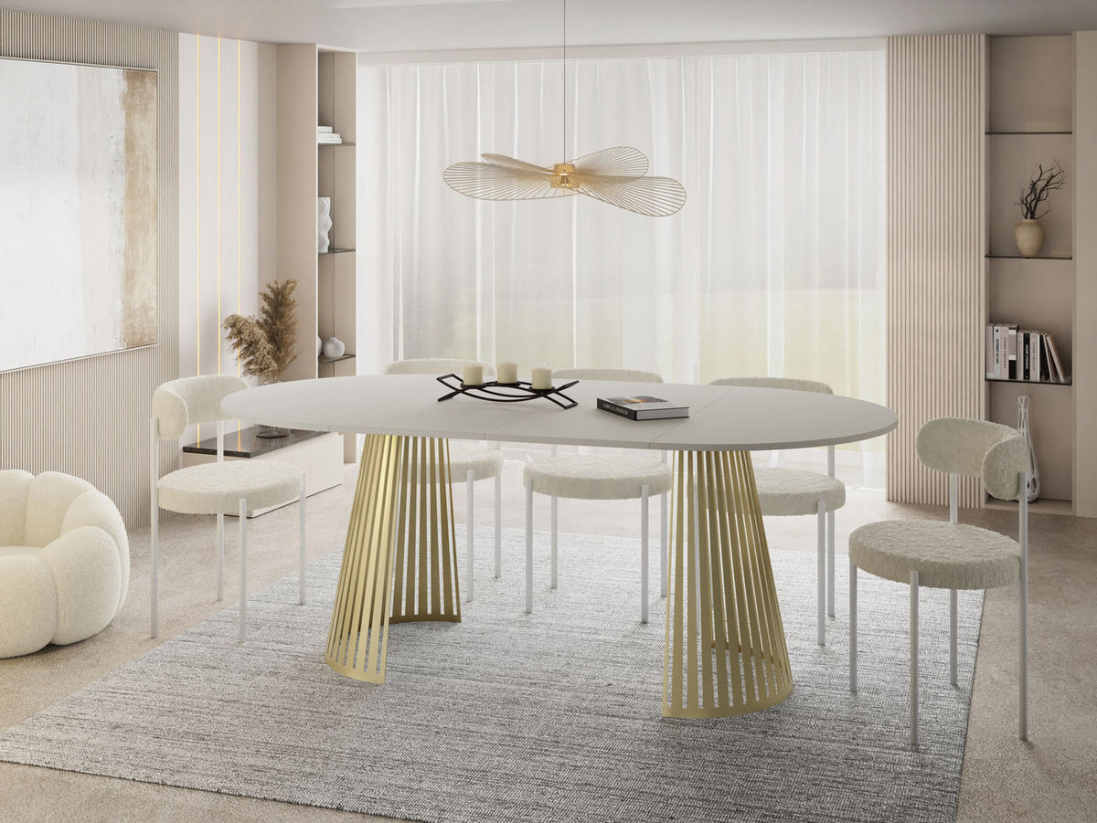 ESSTISCH Naro rund ausziehbar mit Goldenem Lamellen-Metallgestell, Beige Kaschmir 100-180/100/76 cm - Kaschmir/Goldfarben, Holzwerkstoff/Metall (100/100/76cm) - WFL GROUP