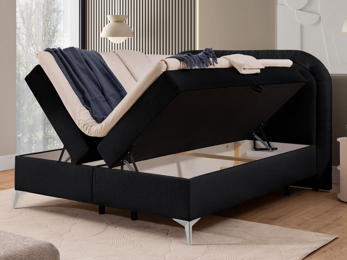 BOXBETT Sonna 160/200 cm Schwarz Bouclé-Stoff mit abgerundetem Kopfteil und mit silbernen Metallfüßen - Silberfarben/Schwarz, Holz/Textil (160/200cm) - S-Style Möbel