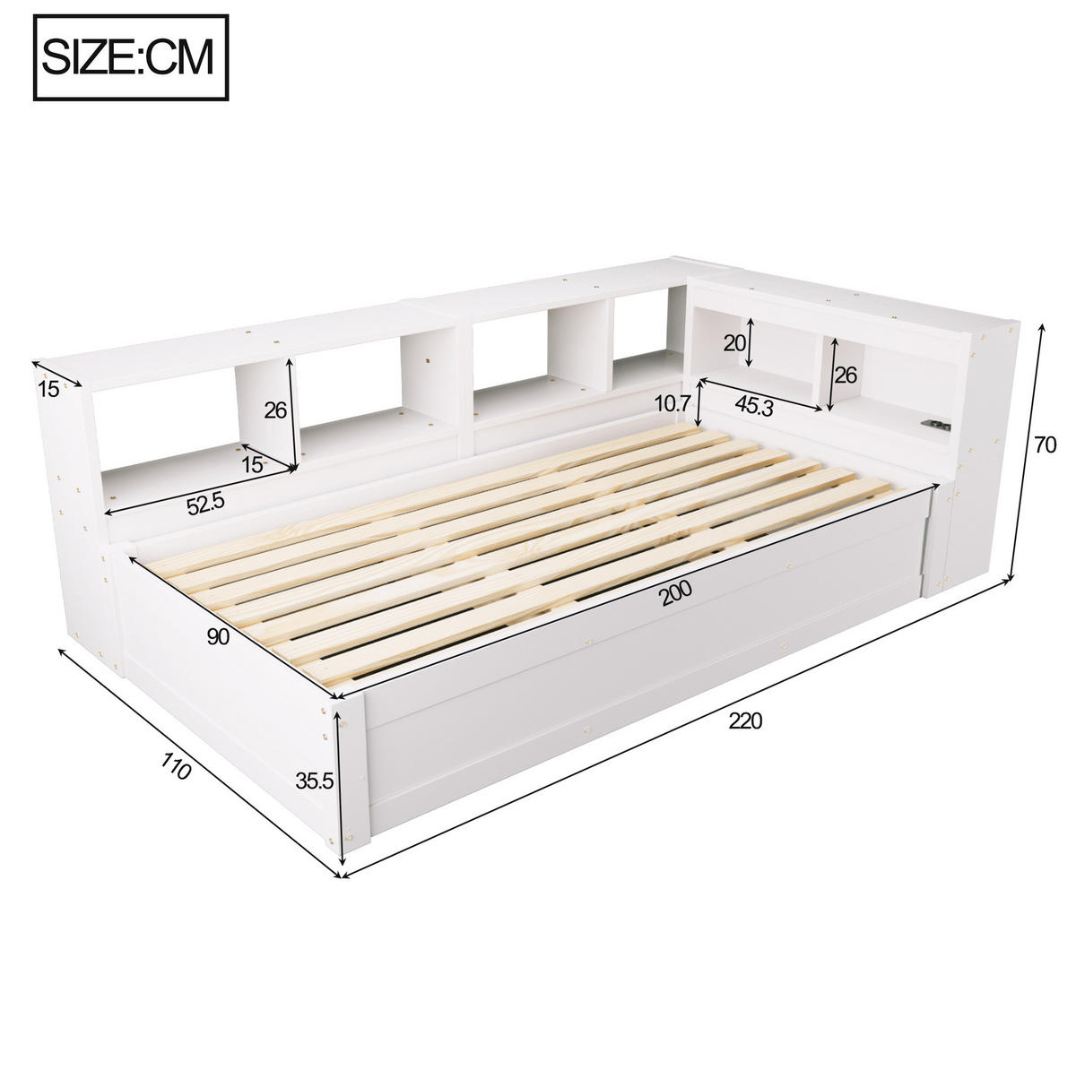 BETT 90/200 cm aus MDF mit LED, Steckdose, Weiß - Weiß, Holzwerkstoff (90/200cm) - OKMYHOME