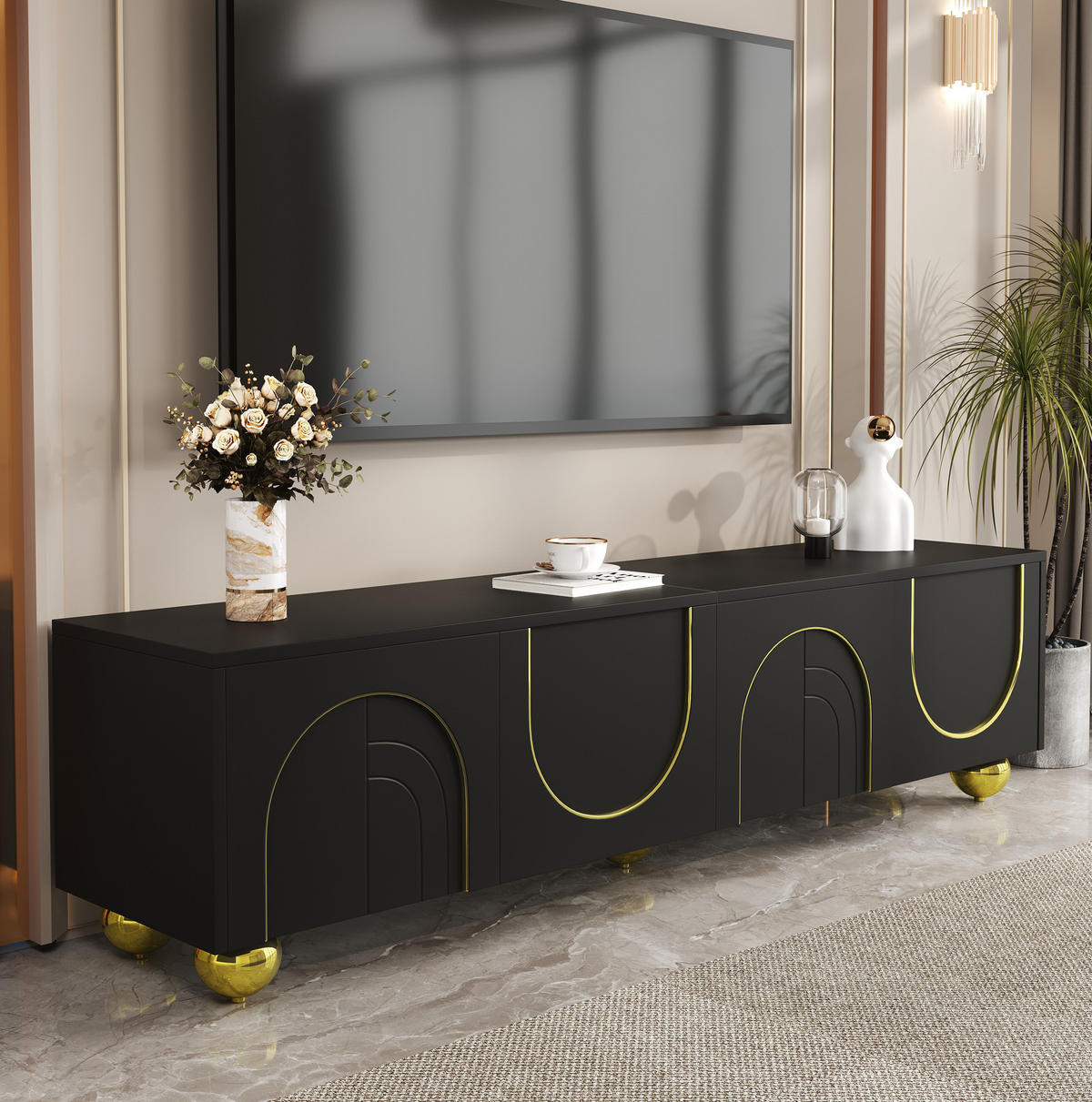 TV-LOWBOARD aus Spanplatte 170x38x44 cm Schwarz mit Push-to-Open, gedämpften Scharnieren und 4 Türen - Schwarz, Holzwerkstoff (170/44/38cm) - Modfu
