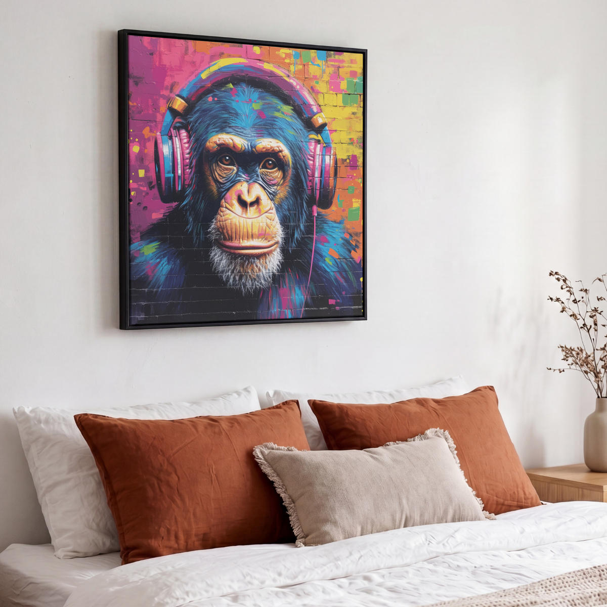 LEINWAND Bilder mit Rahmen - Graffiti - Schimpanse - Straßenkunst - Kopfhörer - Affe - 50x50 - Blau, Textil (50/50cm) - MuchoWow