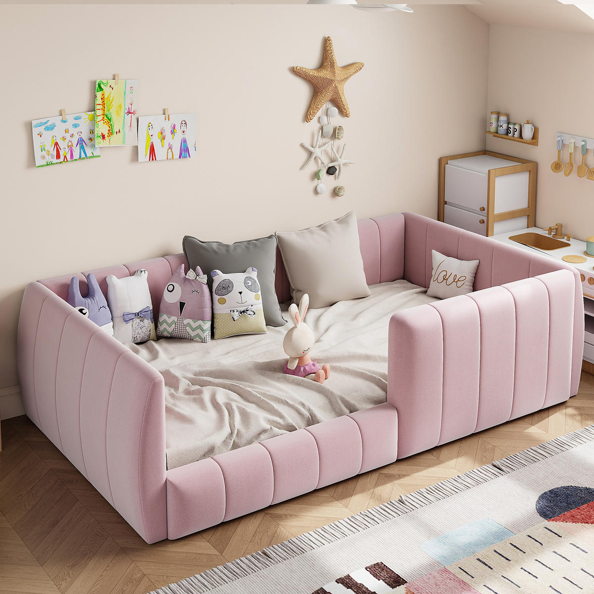POLSTERBETT 90/200 cm in Pink Samt mit Sicherheitsgitter - Rosa, Holzwerkstoff/Textil (90/200cm) - WISHDOR