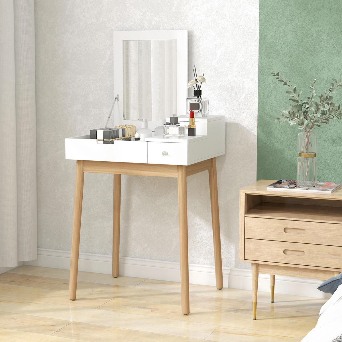 SCHMINKTISCH DE-18312 klappbarer Spiegel, 2 Schubladen, kompakt Weiß - Weiß, Holzwerkstoff (50/85.5/60cm) - ComfortXL