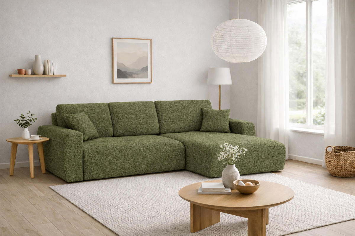 ECKSOFA Mit Schlaffunktion Und Bettkasten L-Form Ivo XL, Chenille-Stoff Artico, Moss, Rechts - Grün, Holz (280/142cm) - Kaiser Möbel