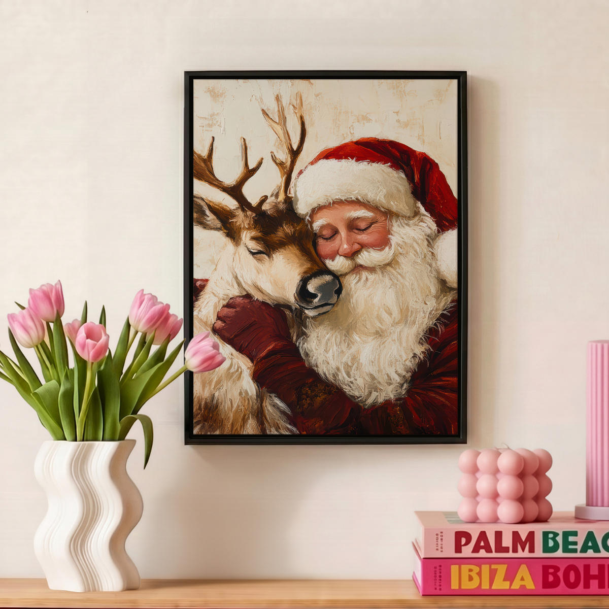 LEINWAND Bilder mit Rahmen - Weihnachtsmann - Rentier - Weihnachten - 30x40 - Rotbraun, Textil (30/40cm) - MuchoWow