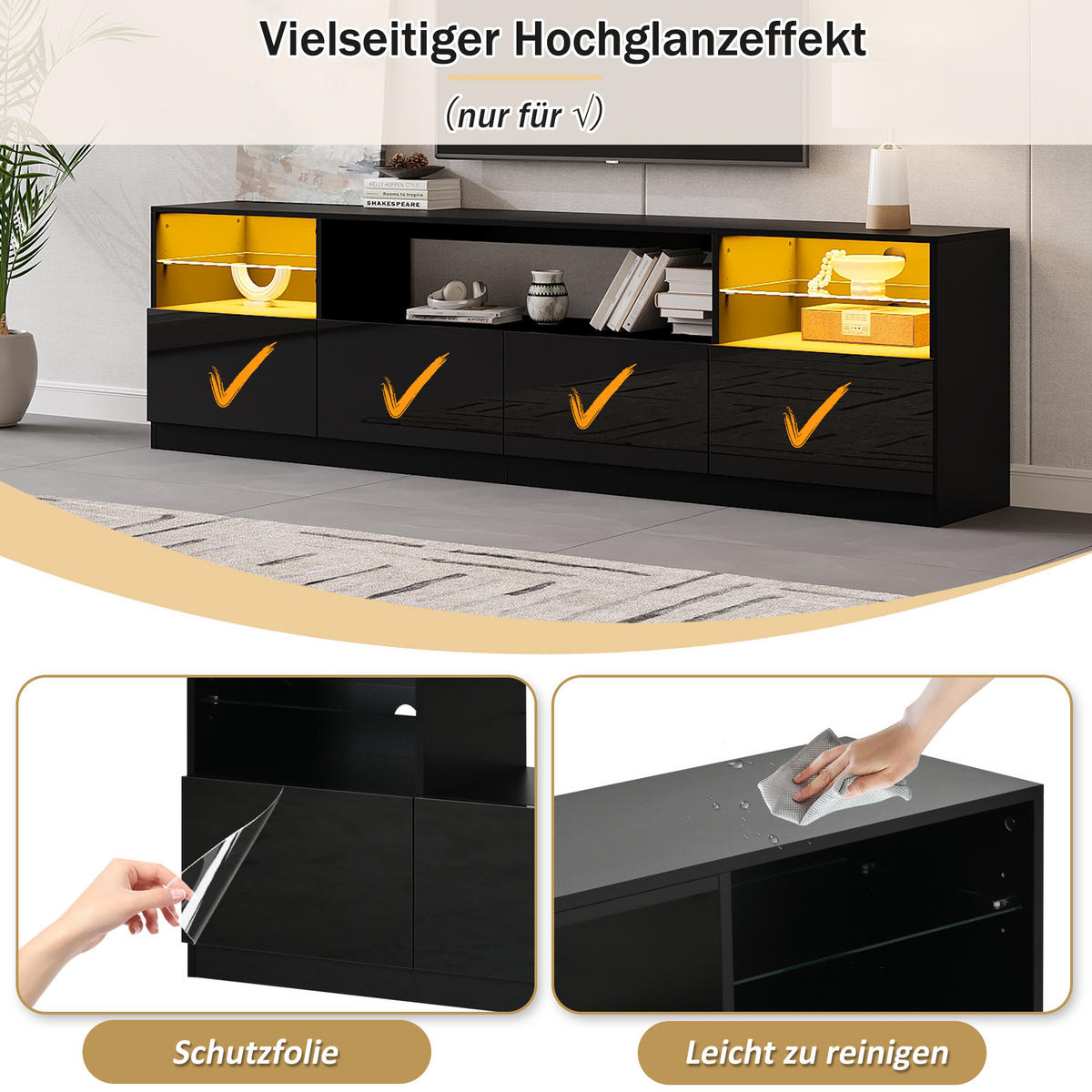 TV-SCHRANK LED Schwarz Hochglanz 4 Türen 8 Fächer 75 Zoll 180cm - Schwarz, Holzwerkstoff (180/60/35cm) - FLIEKS