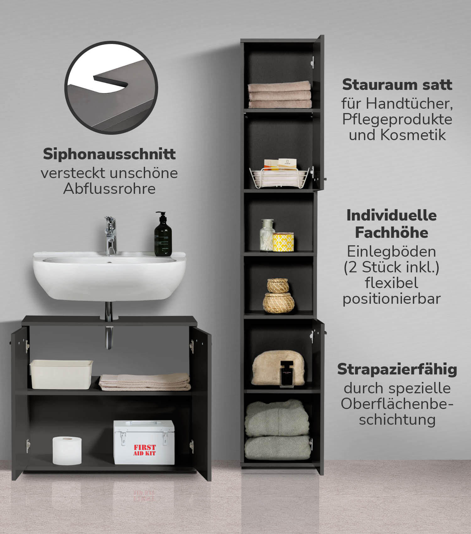 BADMÖBEL-SET 2-teilig Der Steuermann - Schwarz, Holzwerkstoff (103/180/34cm) - Mokebo
