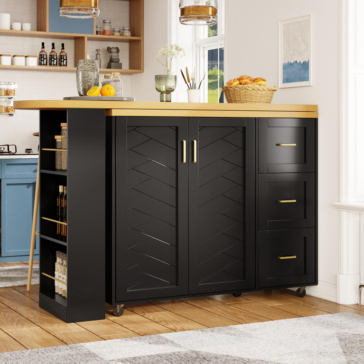 BARTISCH ausziehbar mit Stauraum & 5 Rollen, 135-228/39/104 cm, Schwarz - Schwarz, Holzwerkstoff (39/104/135cm) - Redom